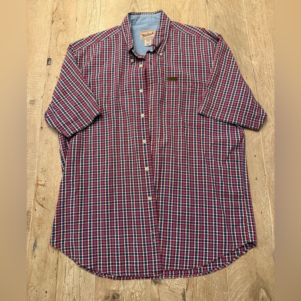 Woolrich Short Sleeve Mens L Button Front Shirt Red White Blue Plaid